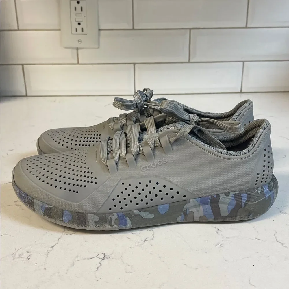 Crocs LiteRide Pacer Camo (Gray/Light Blue) Tennis Shoes 206494 Women's Sz 11